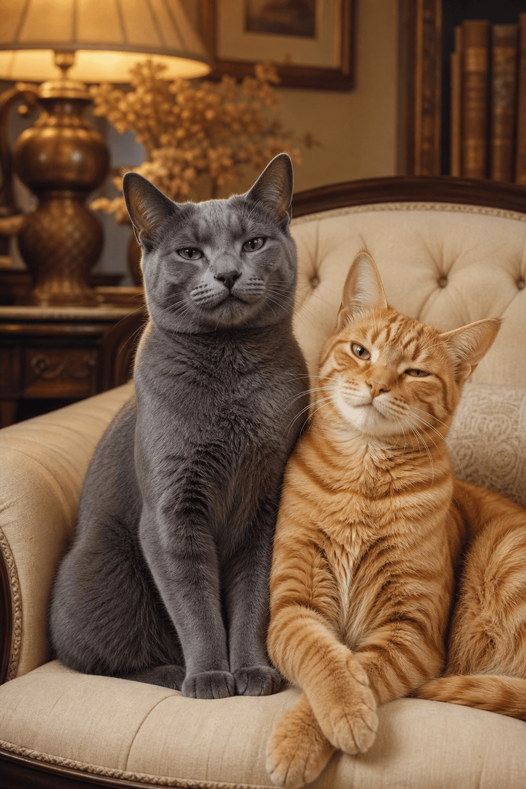 Two cats sharing an armchair — a grey companion and a ginger tabby