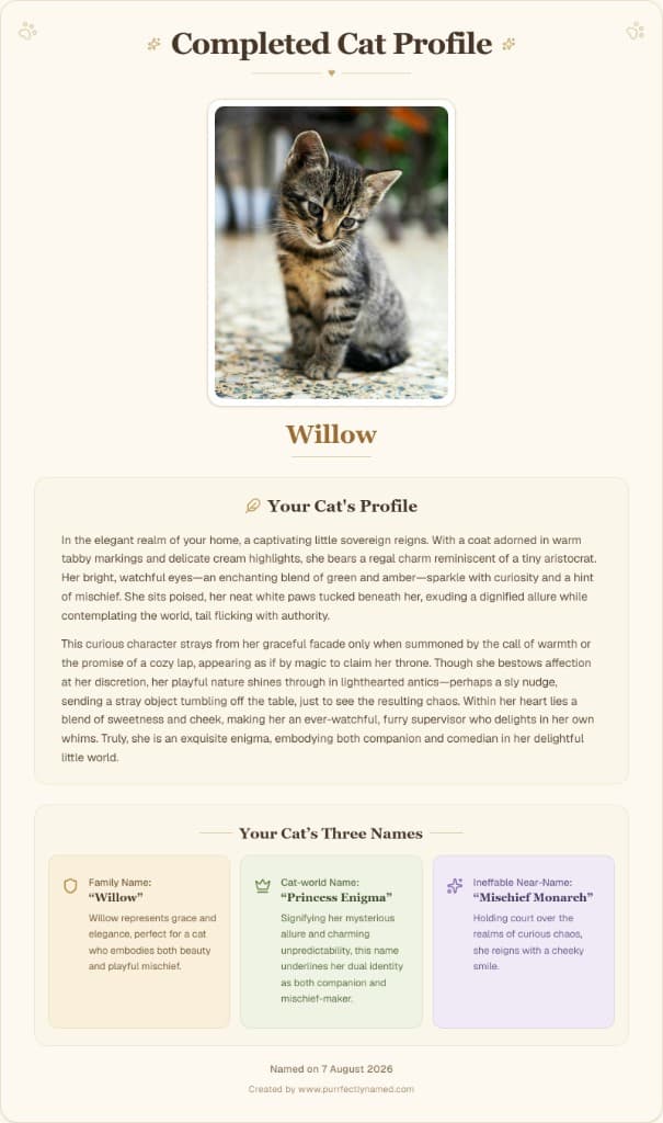 Example Completed Cat Profile certificate for a cat called Willow, with their photo, personality summary, and three names