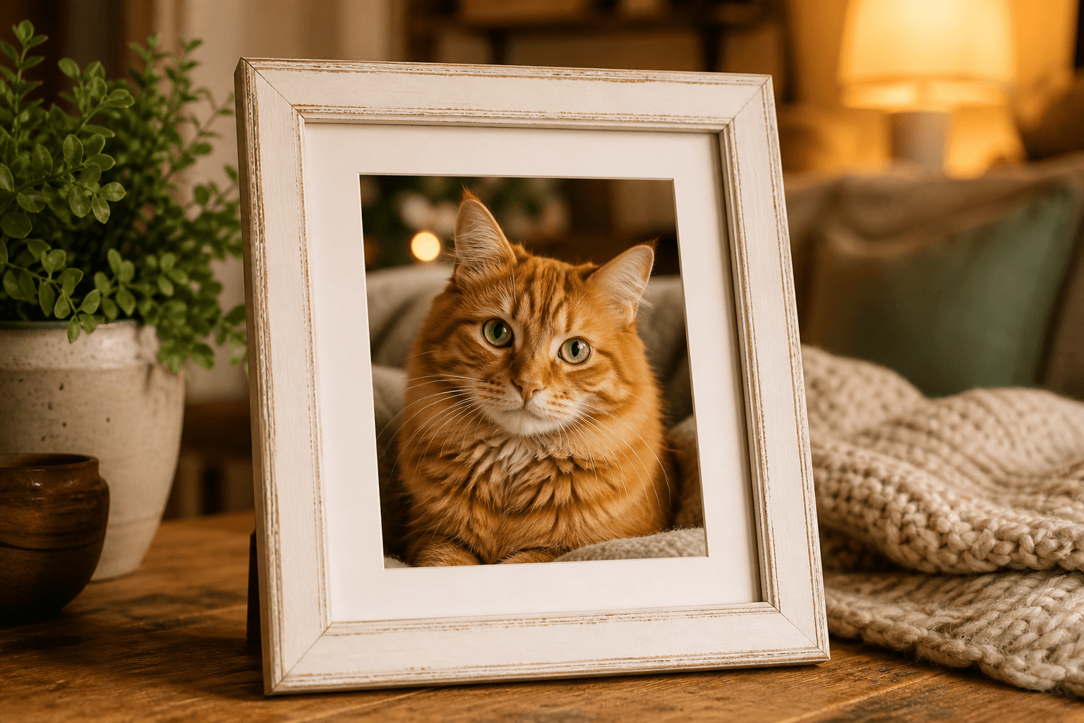 A ginger cat's photo displayed in a wooden frame on a cosy shelf